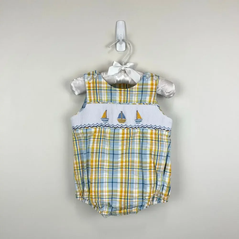 Le'ZaMe Smocked Plaid Sailboat Sunsuit Romper 6 Months